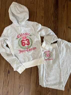 Juicy Couture Heather Gray Hoodie & Joggers Set with Pink and Green Crest